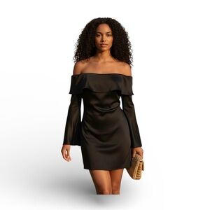 SER.O.YA Off-Shoulder Black Mini Dress Bell Long Sleeves Lined | NWOT |Small